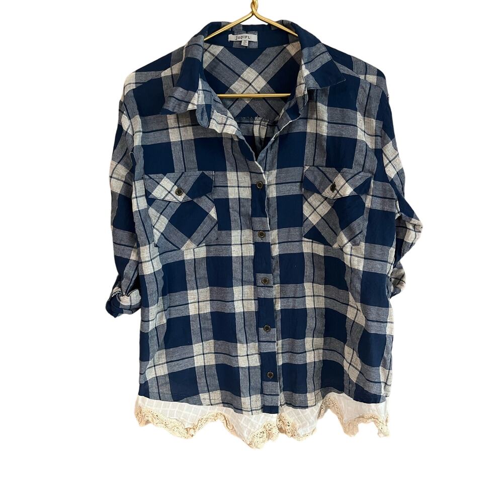 JODIFL plaid button up Women’s Med with pockets and fringe lace detail